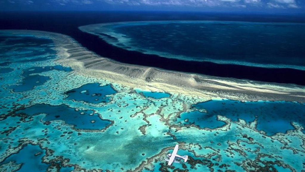 Una avioneta sobrevuela la Gran Barrera de Coral, Australia
