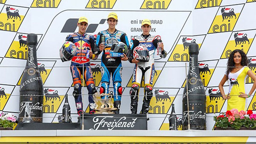 Rins, Salom y Maverick, en el podio de Moto3 en Sachsenring