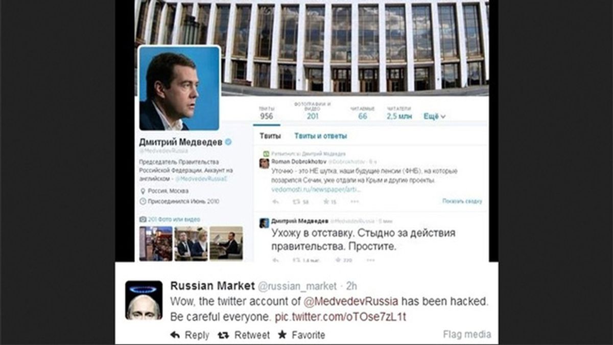 Acceden a la cuenta de Twitter del primer ministro ruso Medvedev y anuncian su dimisión