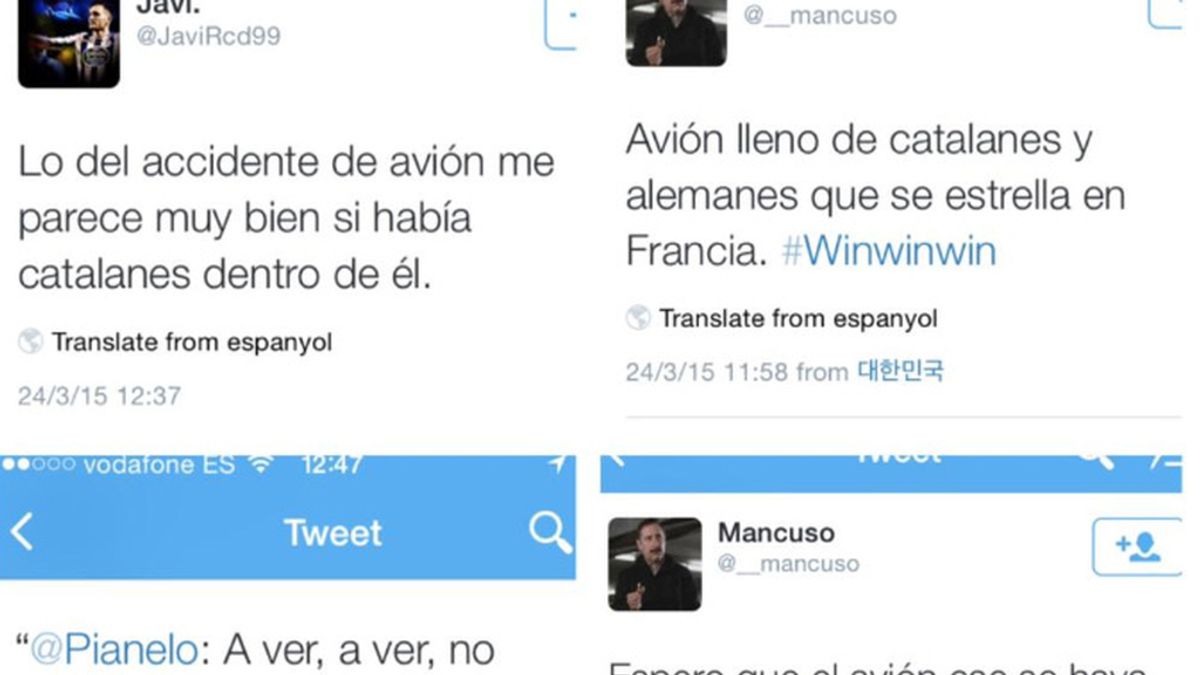 Varios tuits contra las víctimas del accidente de avión por ser catalanes Varios tuits contra las víctimas del accidente de avión por ser catalanes