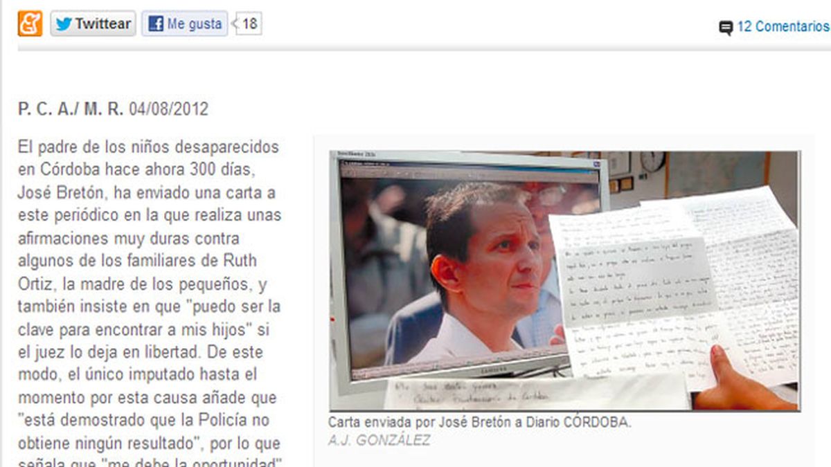 Carta de José Bretón publicada en el Diario Córdoba