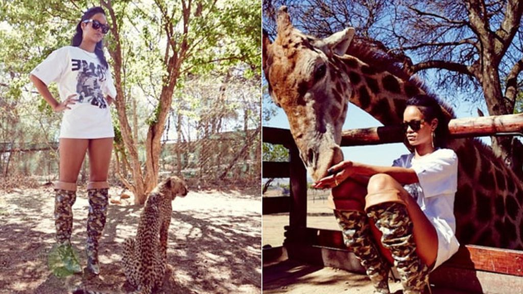 Rihanna posó con un guepardo, muy conjuntado con sus botas