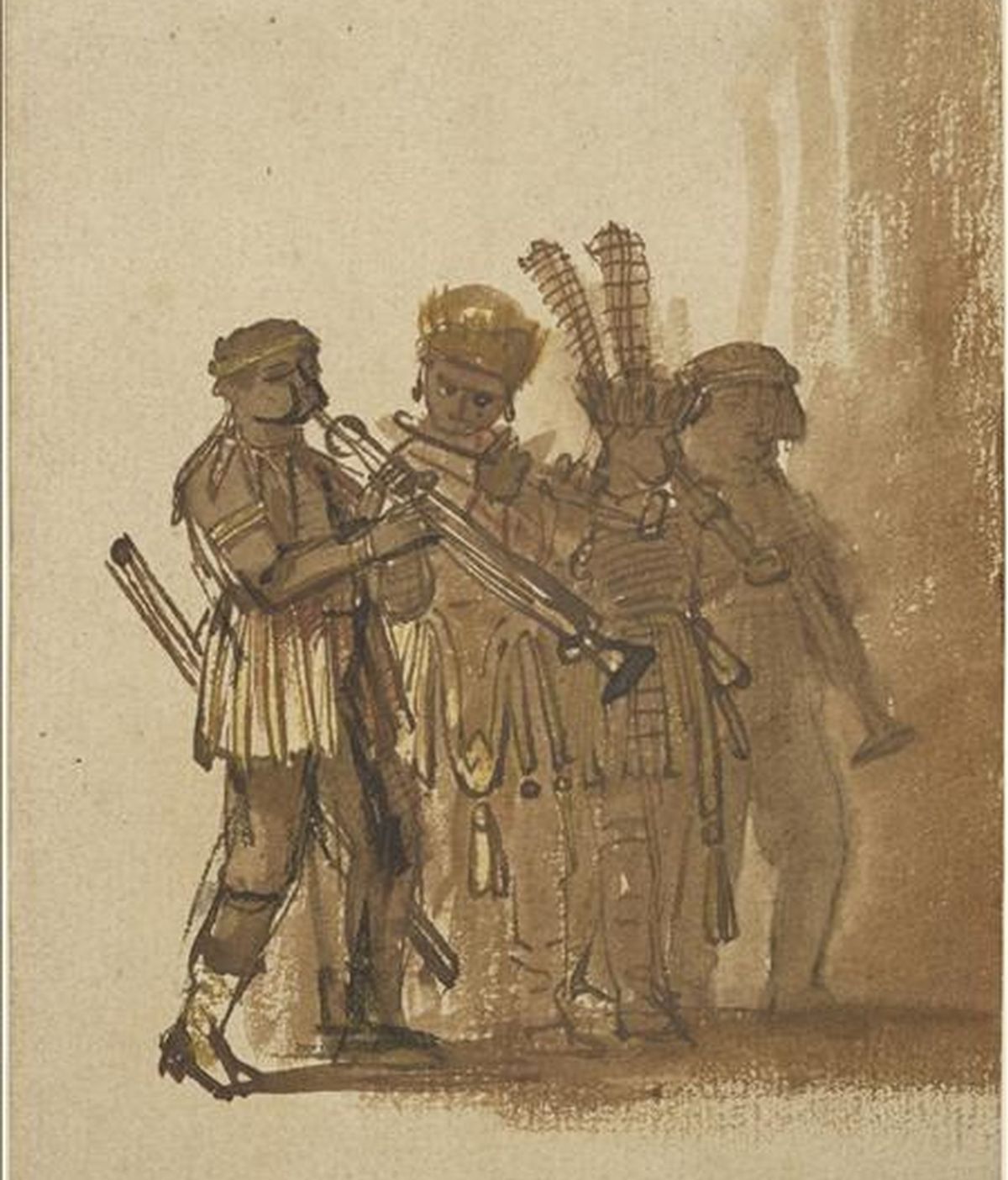 Reproducción de la obra "Cuatro músicos con instrumentos de viento" de Rembrandt van Rijn (1606-1669) que forma parte de la muestra "Novedades en la Morgan: Adquisiciones desde 2004", que se podrá visitar en el Museo Morgan de Nueva York (EE.UU.). EFE