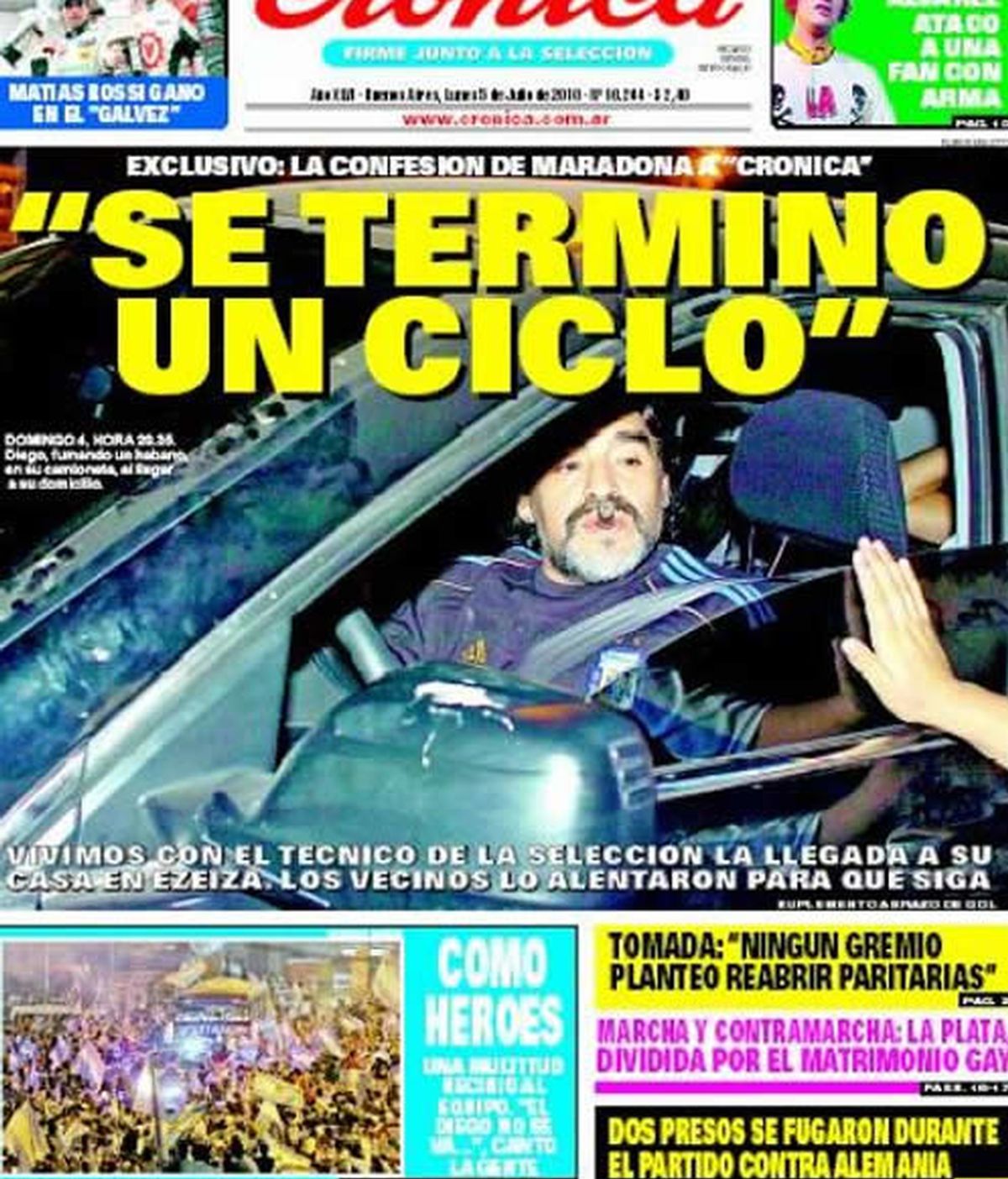 El diario argentino 'Crónica' anuncia en exclusiva que Maradona lo deja