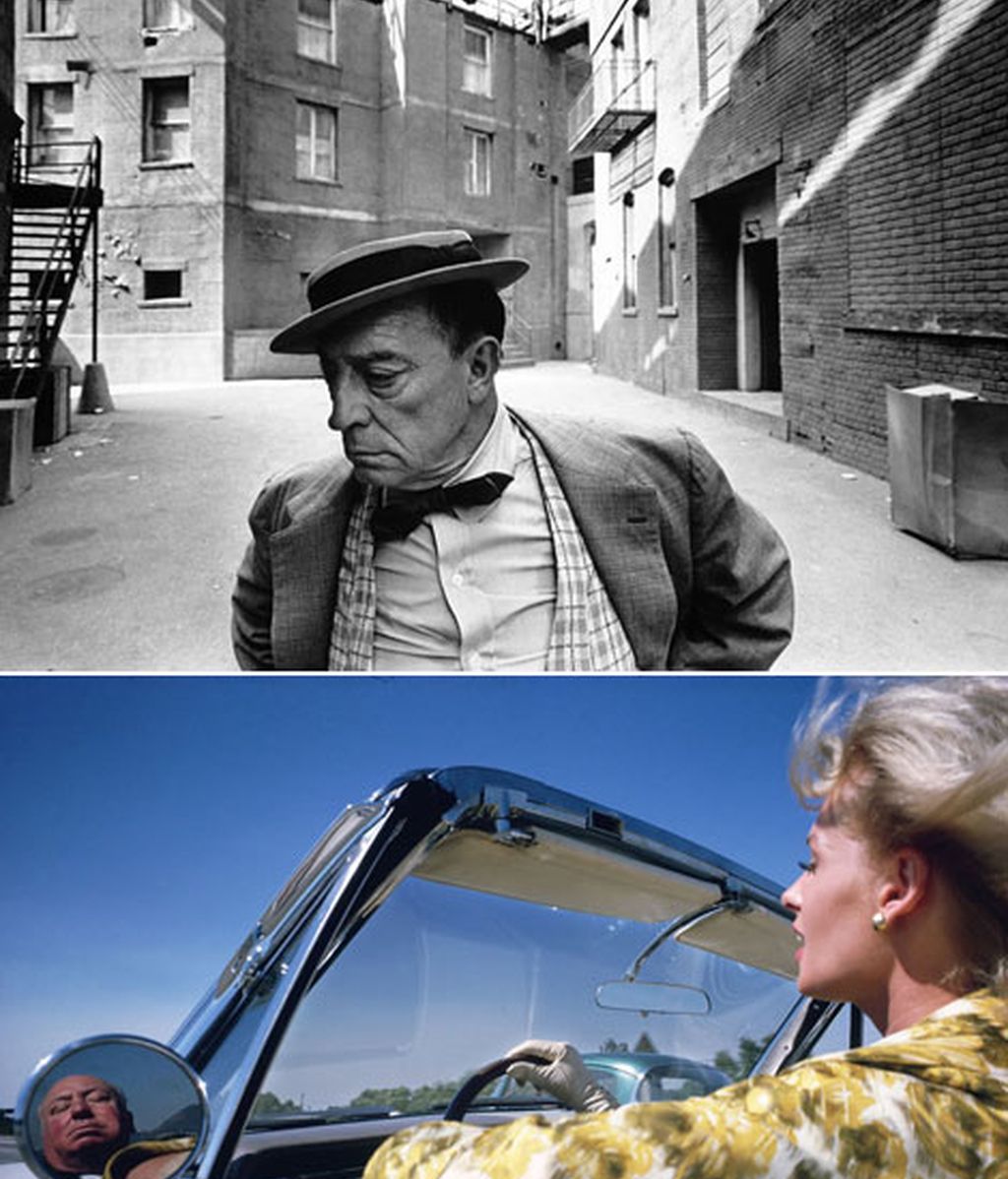 Buster Keaton, arriba; Tippi Hedren y Alfred Hitchcock
