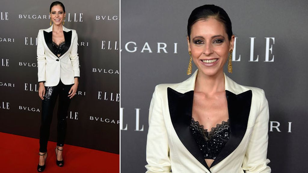 Yolanda Font con leggings de lentejuelas y chaqueta de smoking