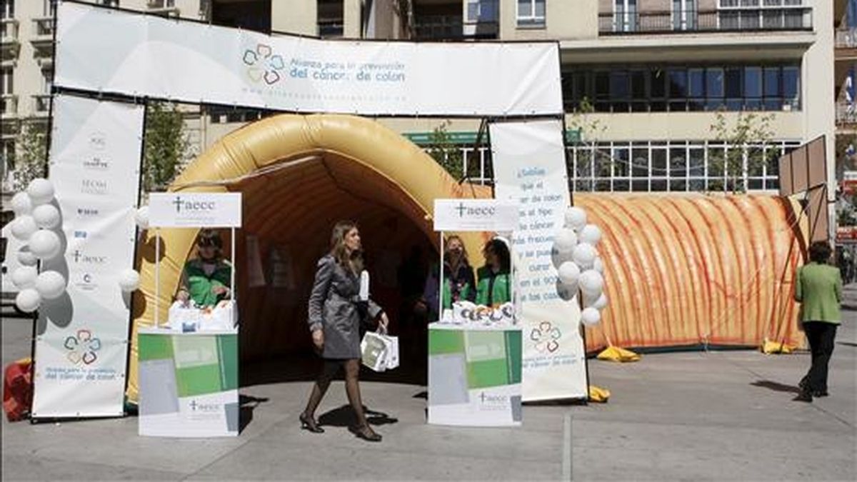 Instalación de un colon gigante en la Plaza Felipe II de Madrid como parte de una campaña divulgativa sobre el cáncer de colon que desarrolla la Alianza para la Prevención de esta enfermedad. EFE