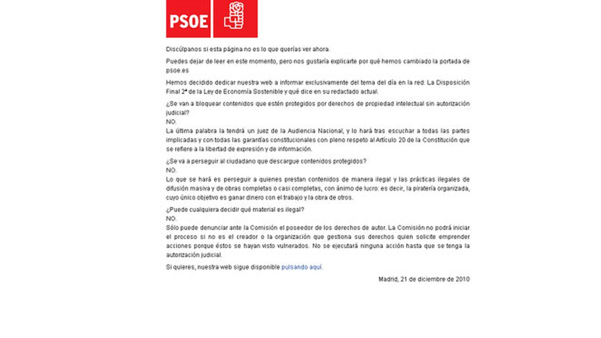 El PSOE explica en su web la 'Ley Sinde'