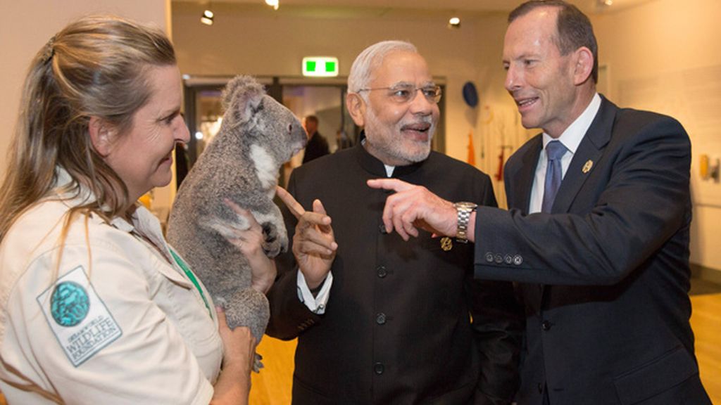 Tony Abott le muestra el koala a Narendra Modi