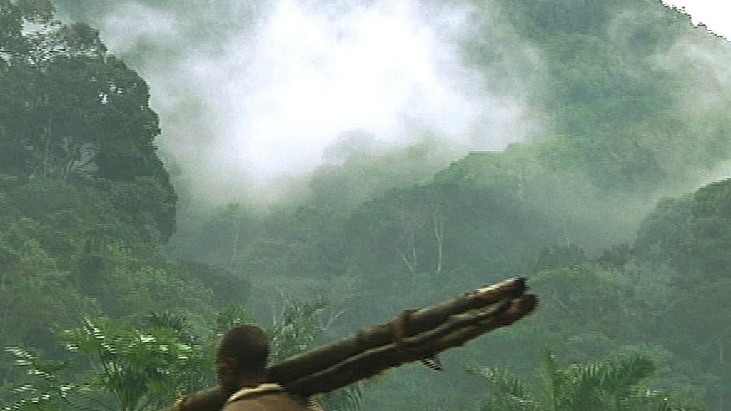 Un hombre transportando madera en la selva congoleña