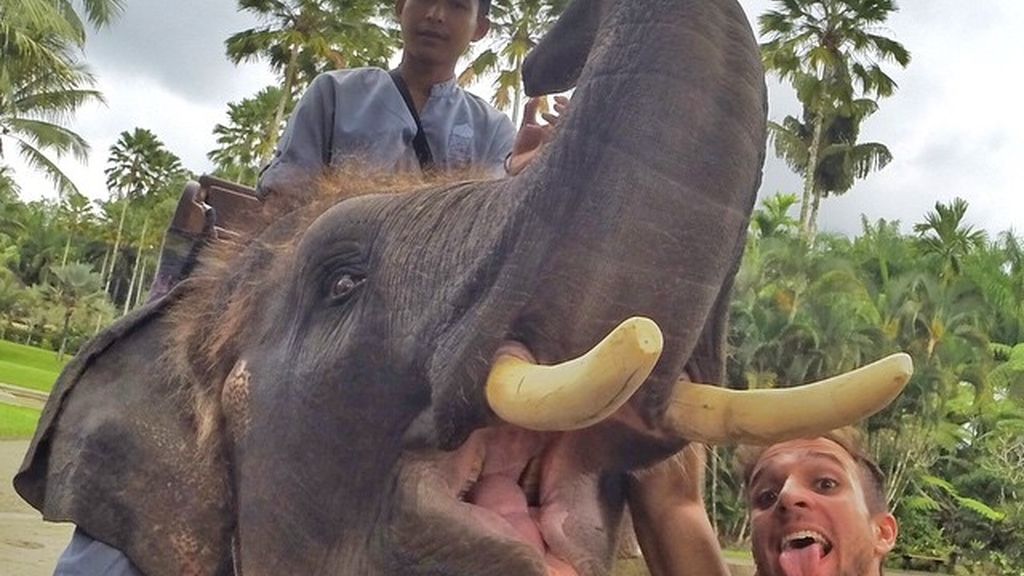Leonardo Pereira con un elefante en Bankok, Tailandia