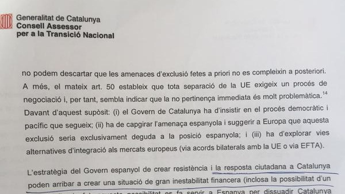 Documento interno de la Generalitat alertando de un posible corralito si Cataluña se independiza