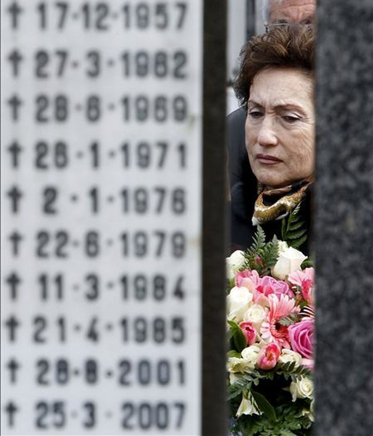 La viuda del abogado y dirigente socialista asesinado por ETA Fernando Múgica, Mapi Lasheras, asiste al homenaje a su marido celebrado en el cementerio de Polloe por el PSE-EE de Guipúzcoa, en el decimotercer aniversario del crimen. EFE