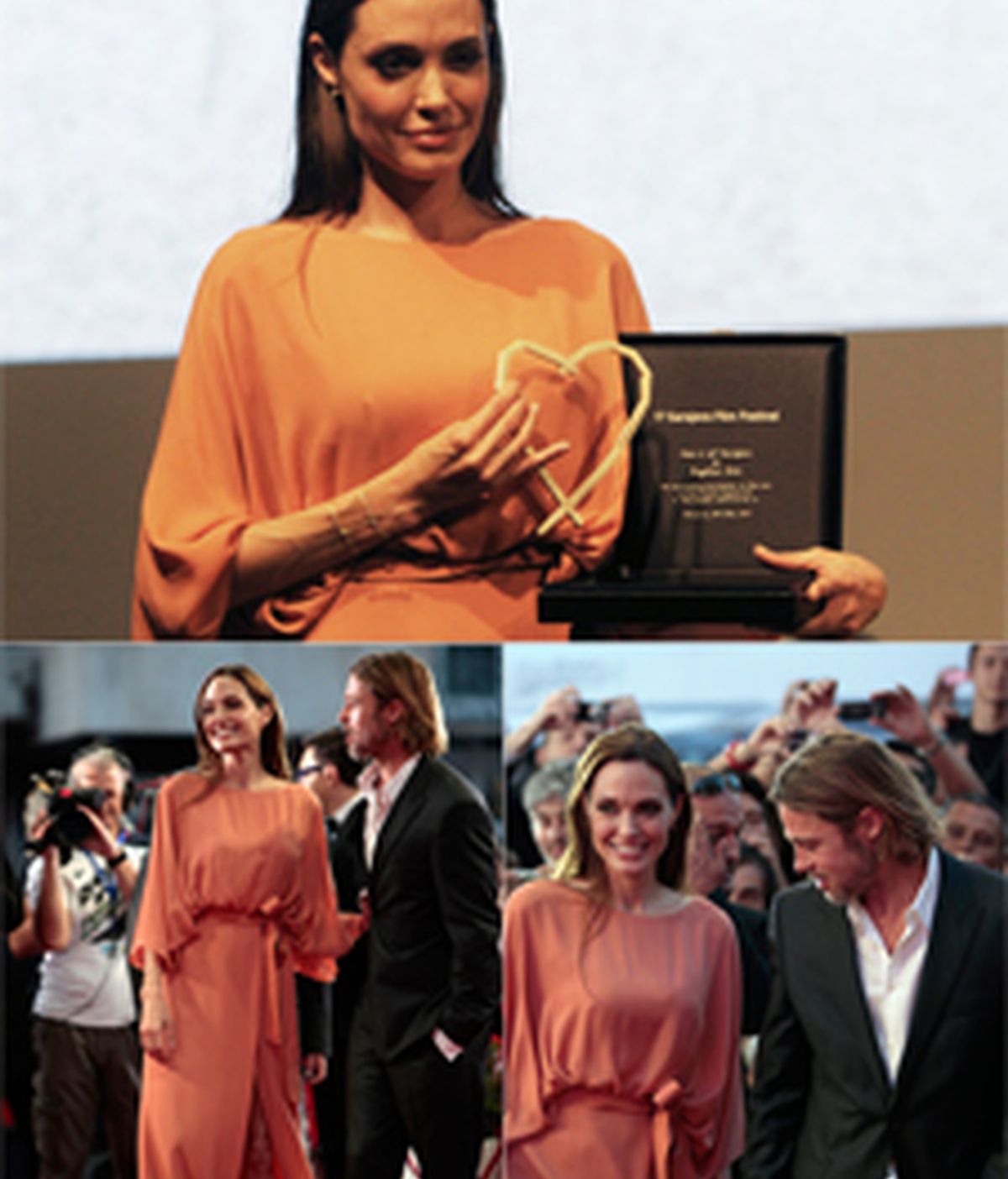 En la foto superior, Angelina con 'el corazón de Sarajevo', en las inferiores Angelina y Brad asistiendo a la gala. Fotos: REUTERS