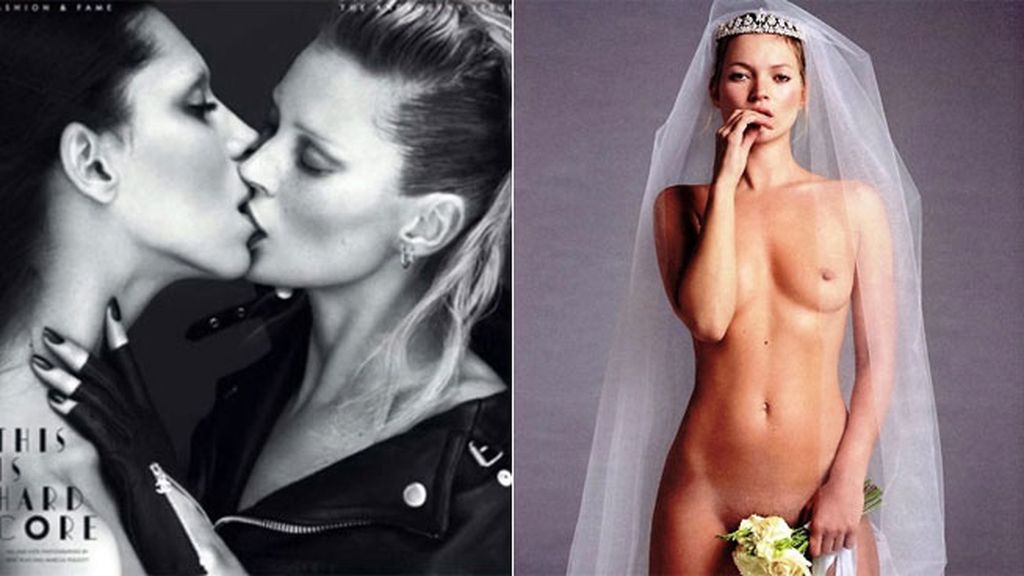 Dos de las imágenes más provocadoras de la modelo, el beso lésbico con Lea T. y Kate desnuda con un velo de novia y un ramo de flores