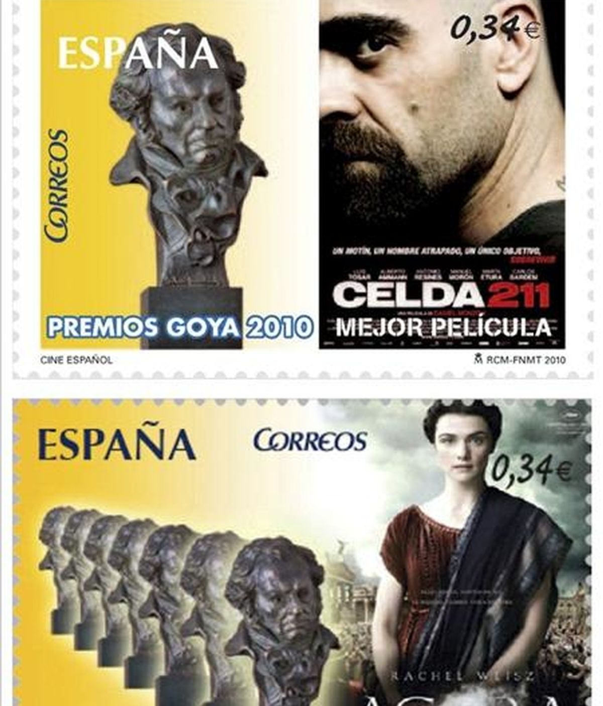 Las películas "Celda 211", de Daniel Monzón, y "Agora", de Alejandro Amenábar, tienen ya su sello postal, gracias al acuerdo entre la Academia de Cine y Correos, que inician así el lanzamiento de una la primera colección filatélica dedicada al cine español. EFE/Archivo