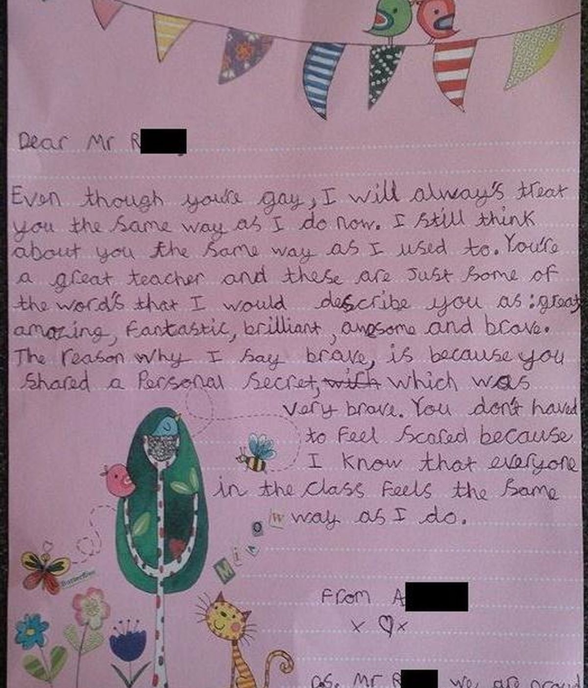 Una niña de 9 años apoya a su profesor en una carta tras decir que era homosexual