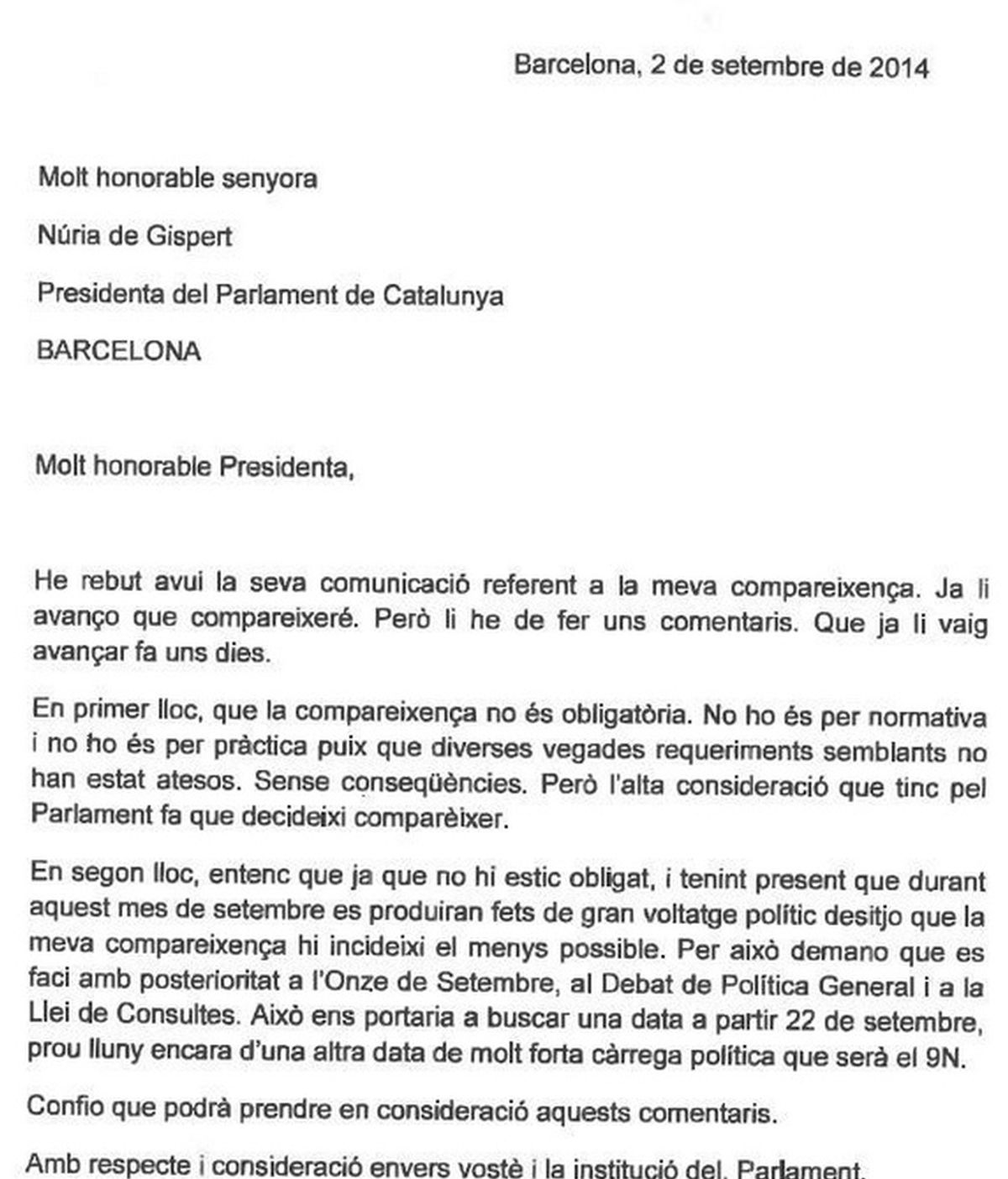 La carta de Jordi Pujol a la presidenta del Parlament