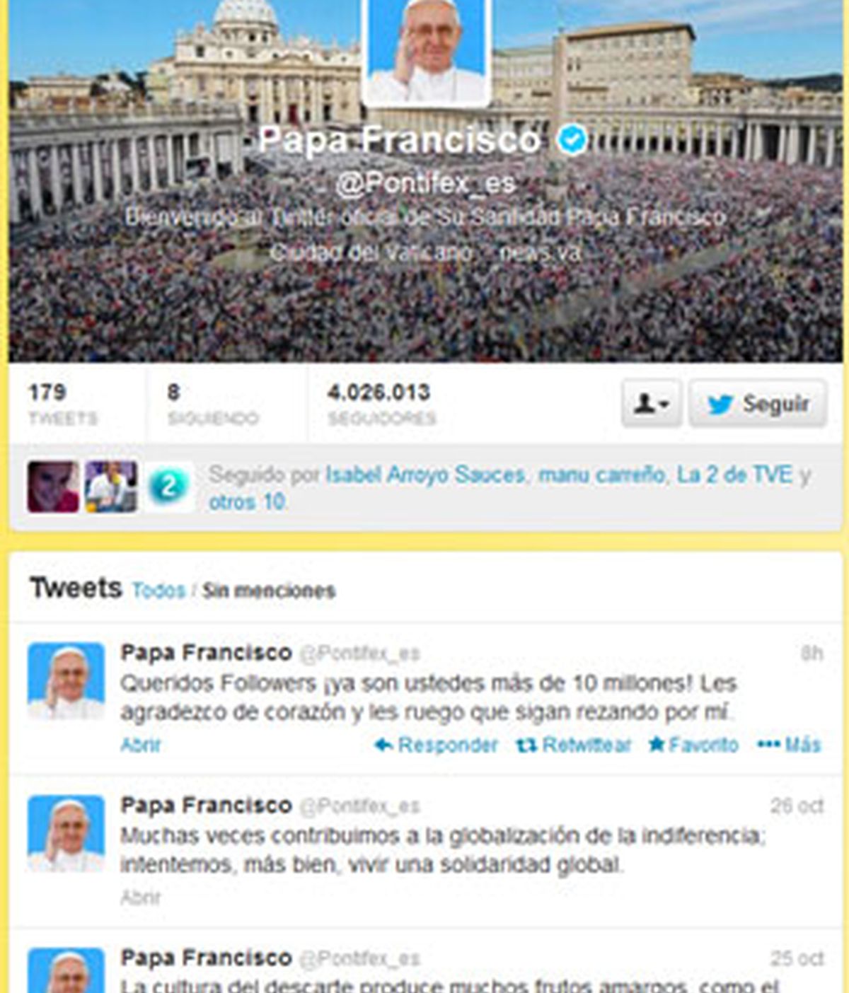 El Papa Francisco cuenta con más de 10 millones de seguidores en Twitter