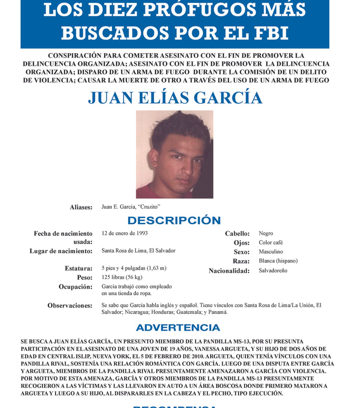 El salvadoreño Juan Elías García, entre los diez más buscados por el FBI