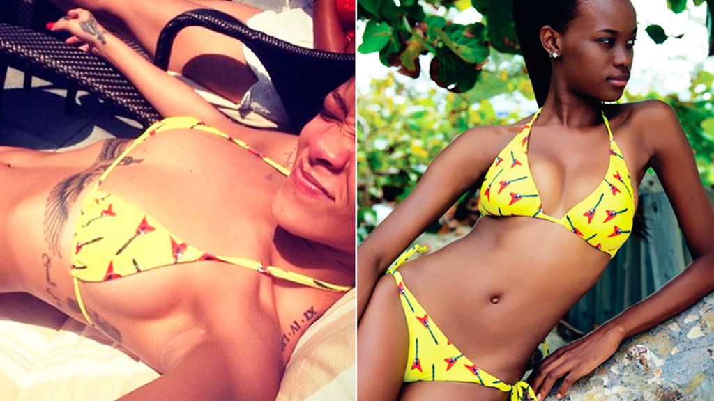 RiRi potencia su bronceado con bikini amarillo de estampado vintage