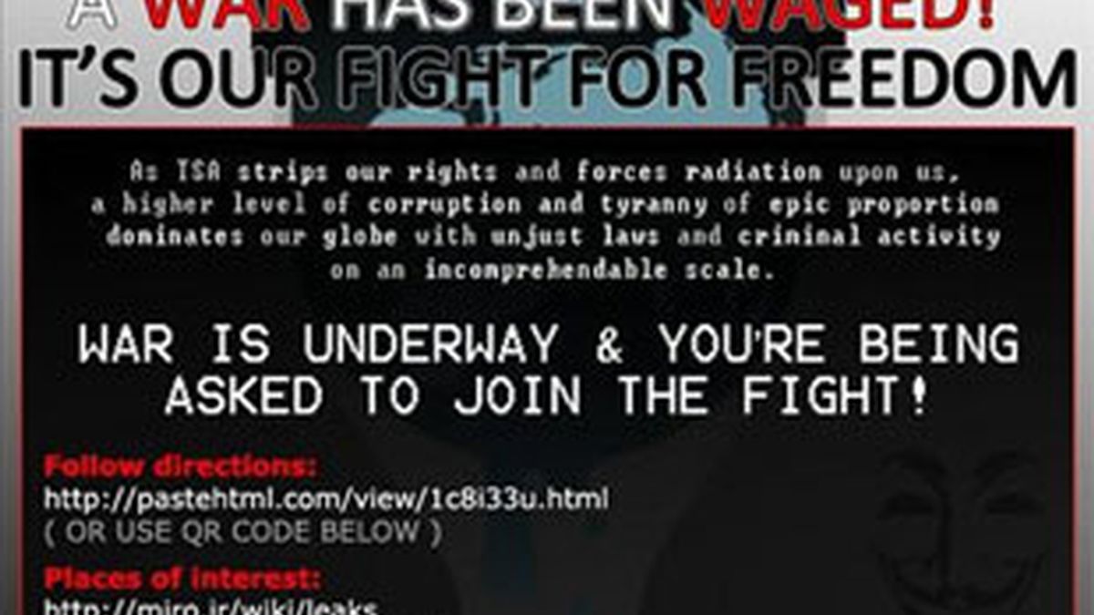 Uno de los avisos publicados en algunos medios por los hackers de la "Operación Vengar Assange". Foto: EFE. Uno de los avisos publicados en algunos medios por los hackers de la "Operación Vengar Assange". Foto: EFE.