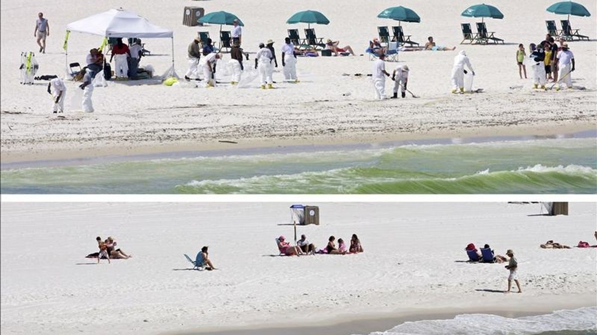 Combo facilitado que muestra a varias personas disfrutando del sol mientras trabajadores limpian la playa de Pensacola en Florioda (Estados Unidos) el 23 de junio de 2010 (arriba) y la misma playa el 16 de abril de 2011 que muestra a varias personas tomando el sol casi un año después (abajo). EFE