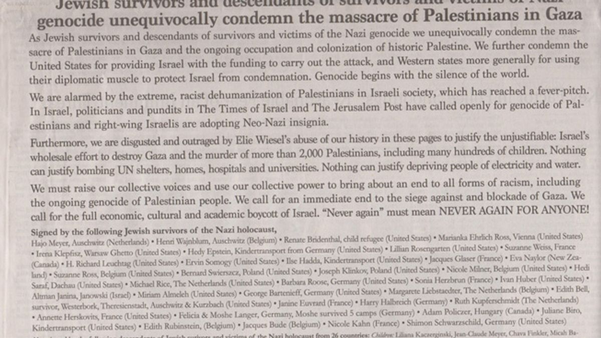 Supervivientes del Holocausto condenan "la masacre de palestinos en Gaza"
