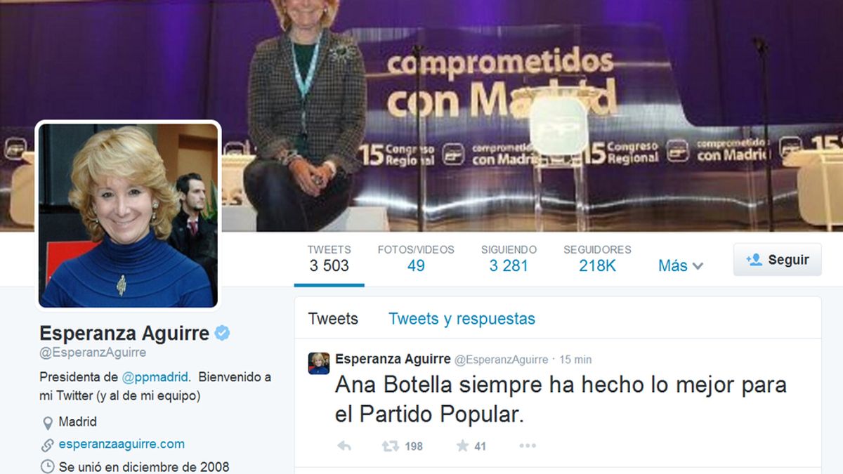 Esperanza Aguirre lanza un mensaje de apoyo a Ana Botella a través de Twitter tras anunciar su retirada