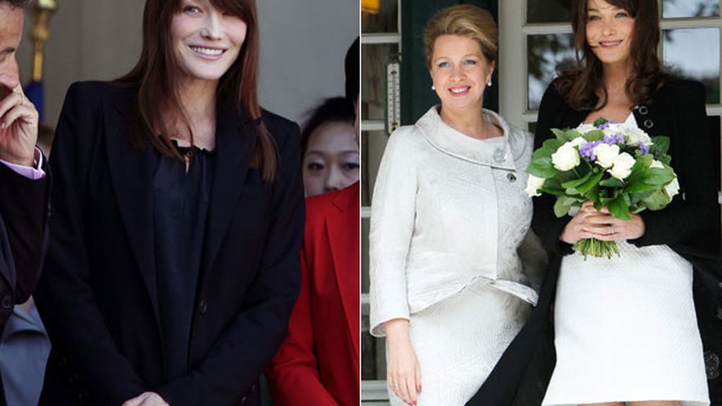 Carla Bruni, de negro y ramo primaveral