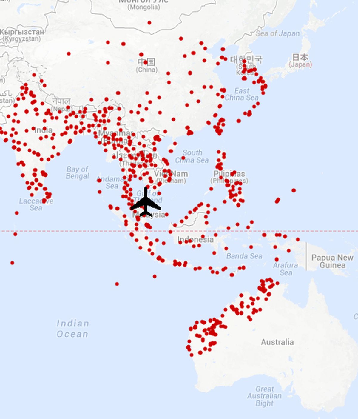 Mapa con la localización de los aeropuertos en los que pudo aterrizar el avión desaparecido de Malaysia Airlines