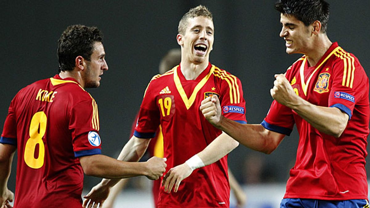 Koke, Muniain y Morata, celebrando un gol de la selección Sub-21 Koke, Muniain y Morata, celebrando un gol de la selección Sub-21