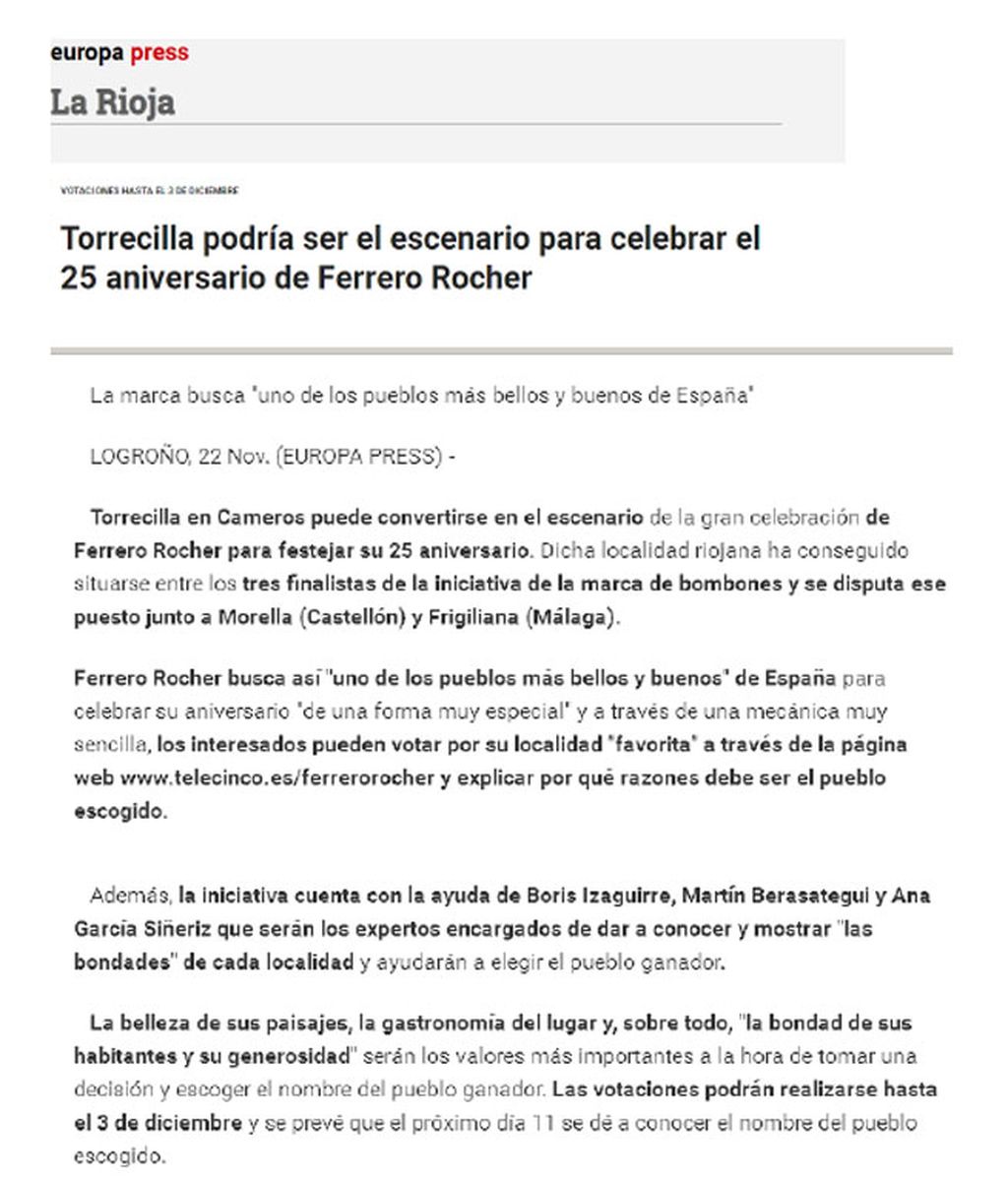 Medios locales y nacionales se hacen eco del 25 aniversario de Ferrero Rocher
