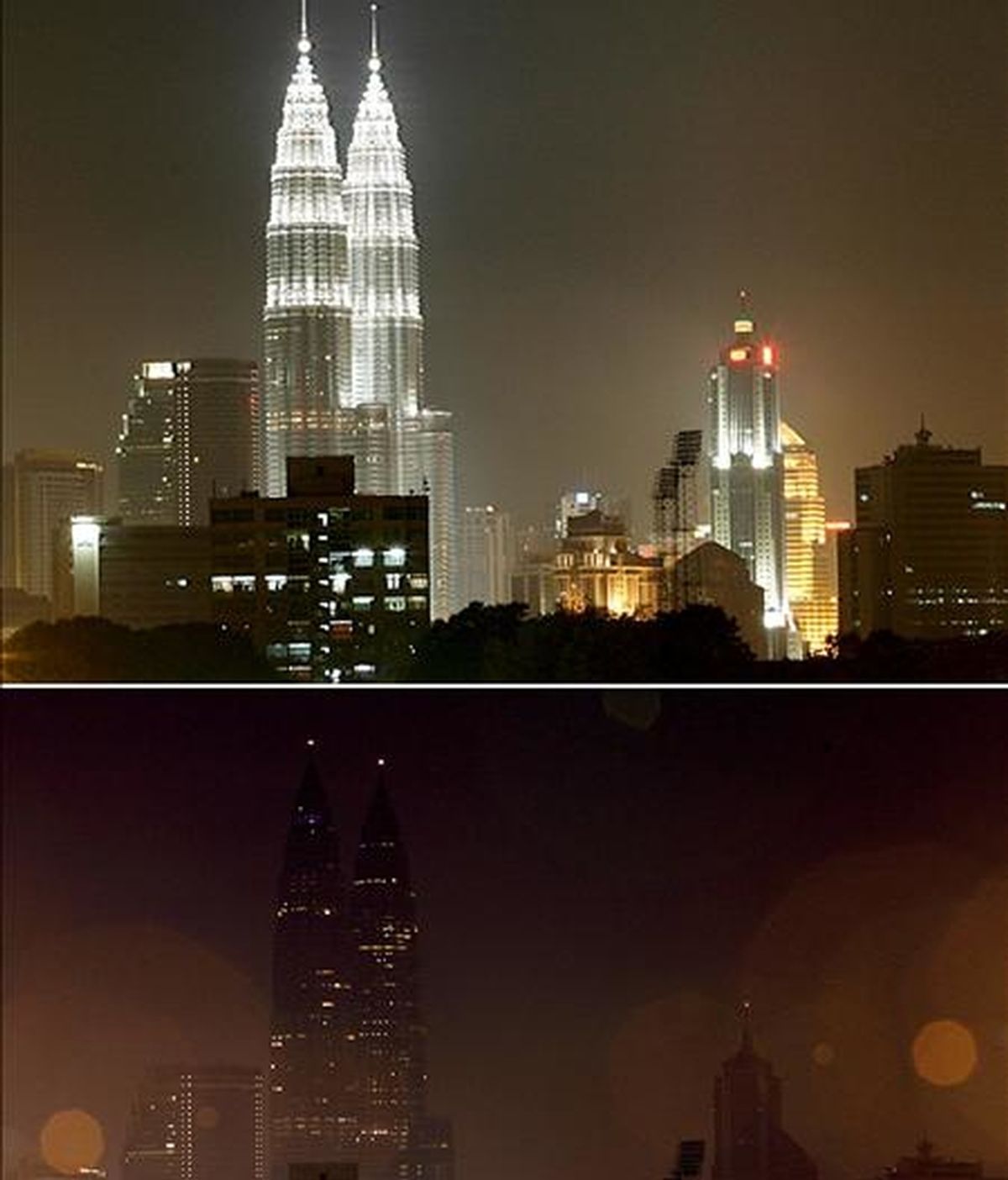 Combo fotográfico que muestra las torres Petronas y otros edificios de Kuala Lumpur antes y durante la "Hora del Planeta", en Kuala Lumpur (Malasia). EFE