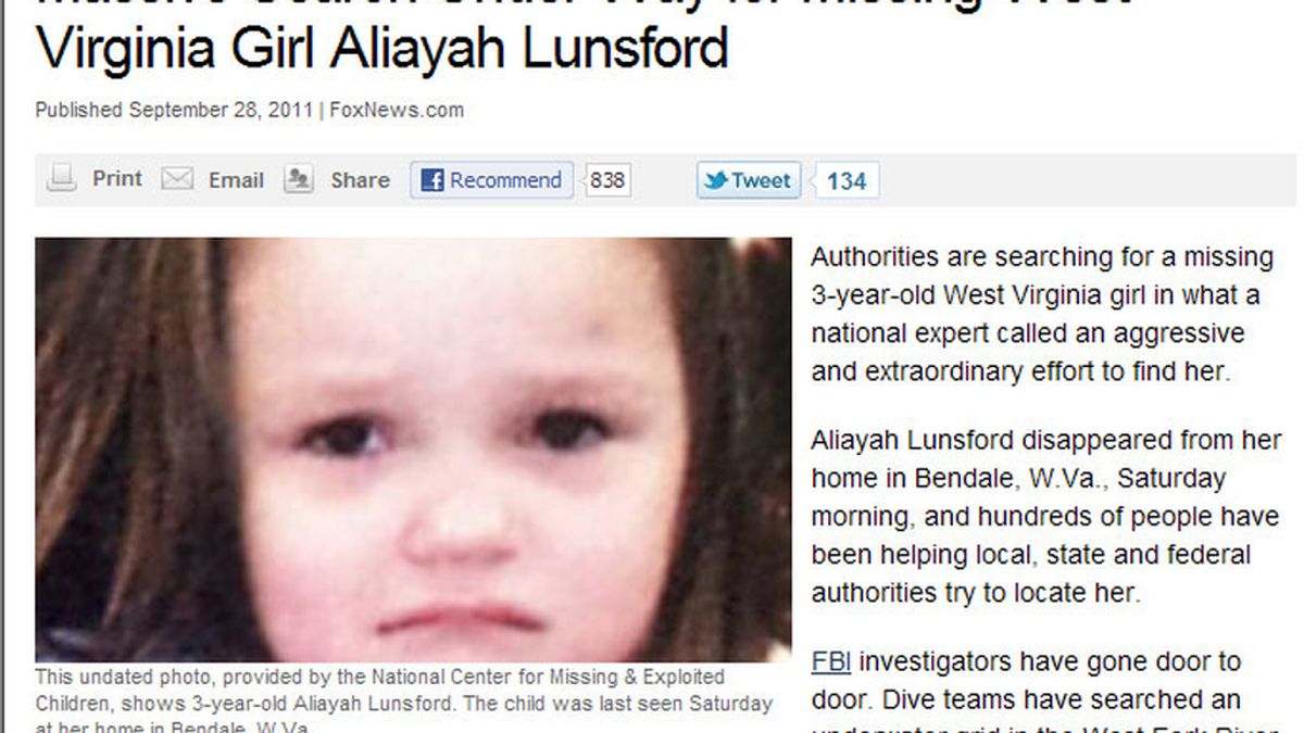 Aliayah Lunsford, de 3 años de edad, desapareció el pasado sábado de su casa de Bendale, en West Virginia