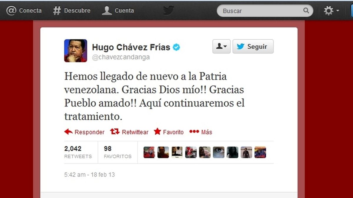 Chávez anuncia su regreso en Twitter