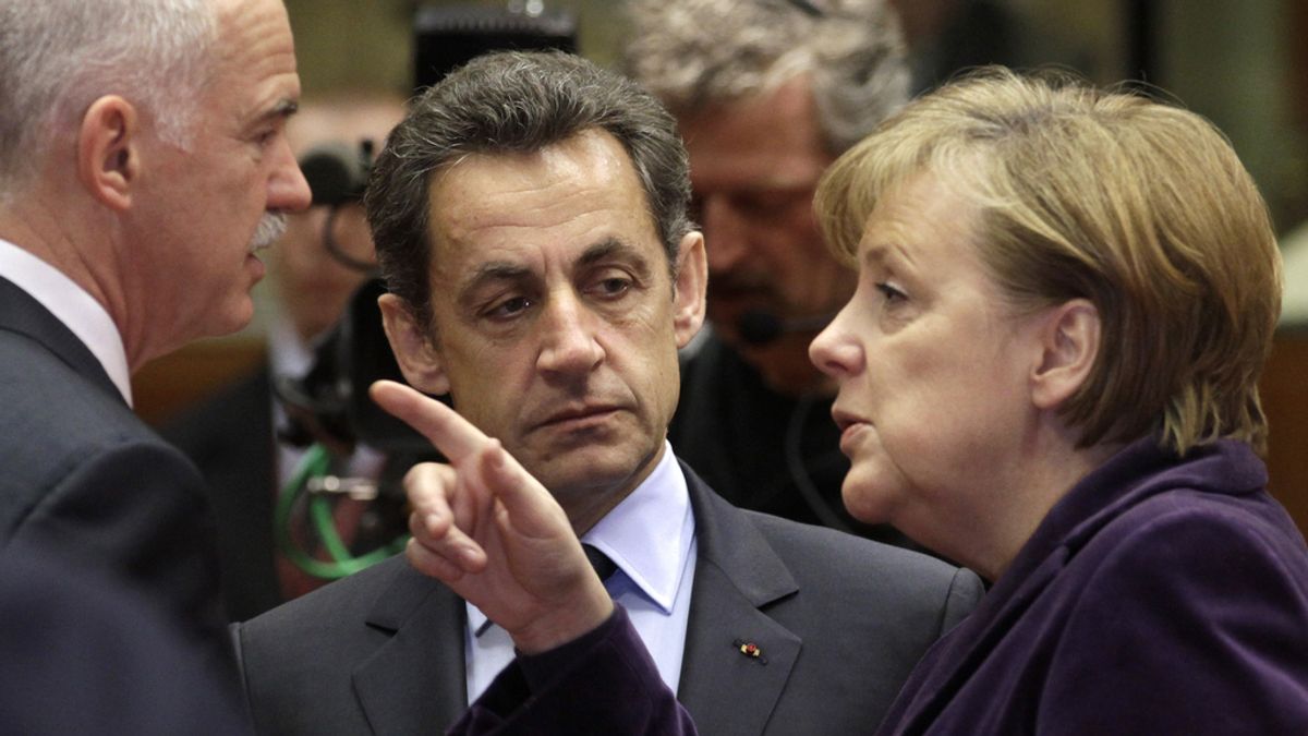 Imagen de archivo del primer ministro griego junto a Merkel y Sarkozy