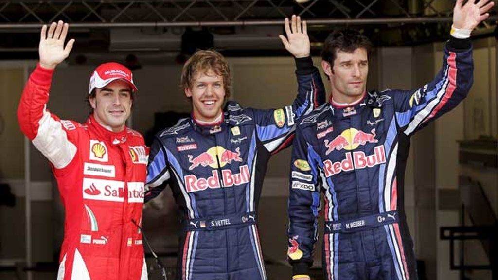 Los tres primeros de la sesión de clasificación: Vettel, Webber y Alonso