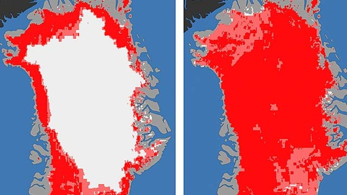Imagen de la superficie de Groenlandia con hielo y sin él.