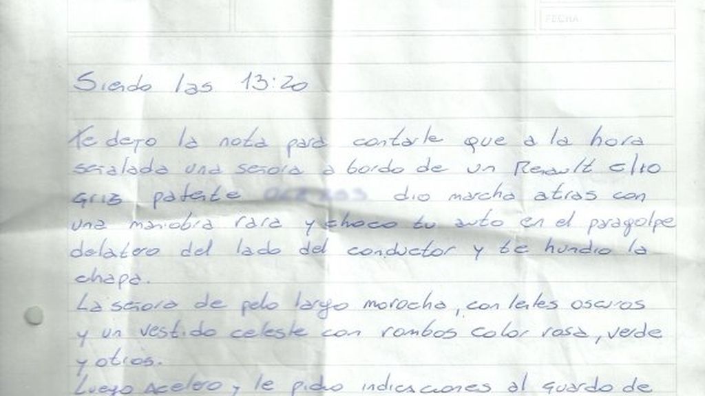 Carta que deja un testigo solidario al conductor de un coche accidentado