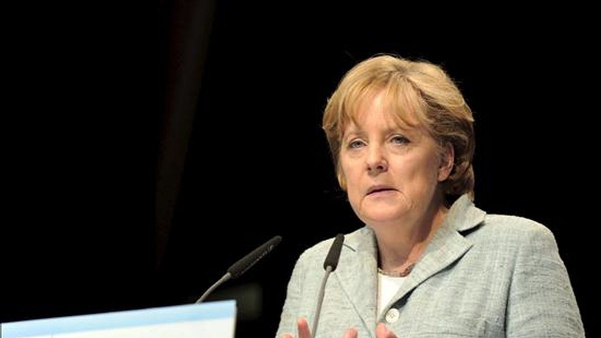 La canciller alemana Angela Merkel durante su intervención en un acto organizado por los cristianodemócratas en Berlín este sábado.  EFE/Marcel Mettelsiefen