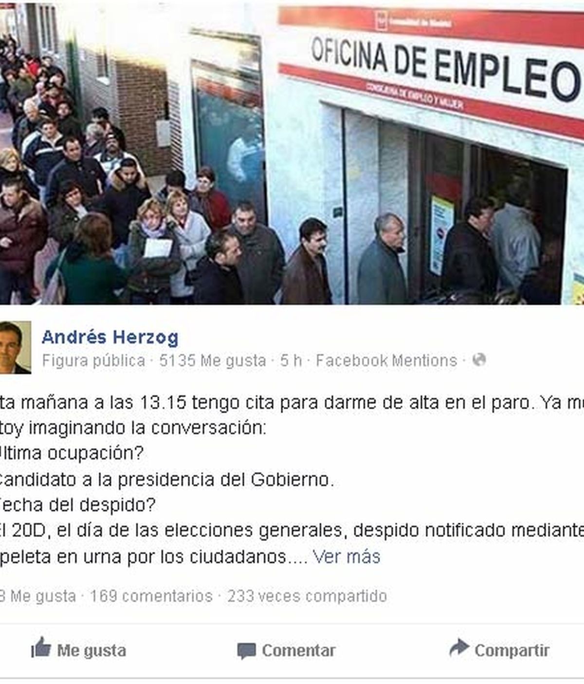 El candidato de UPyD el 20D, Andrés Herzog, se apunta al paro y lo cuenta en Facebook
