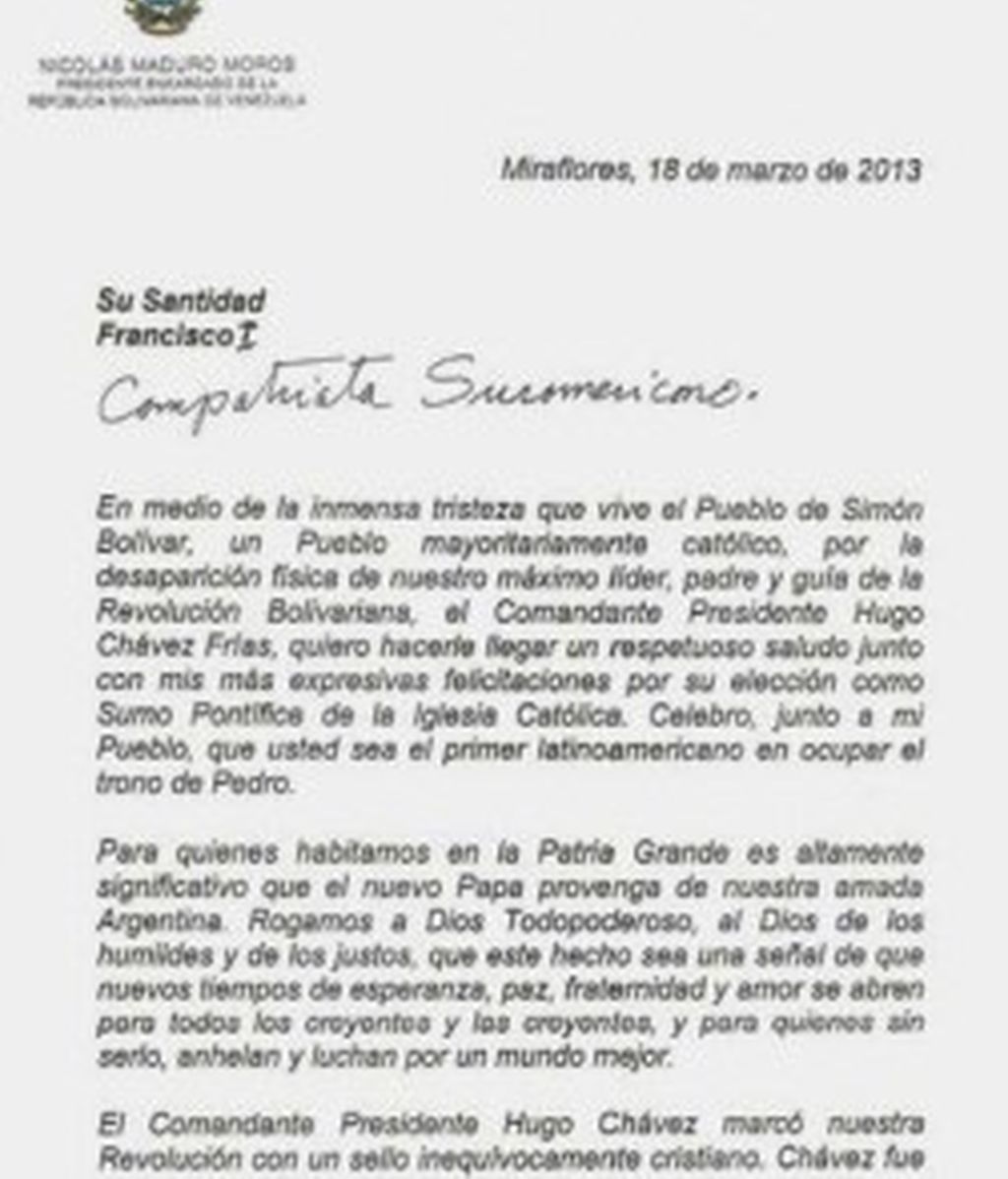 Carta de Maduro al Papa Francisco