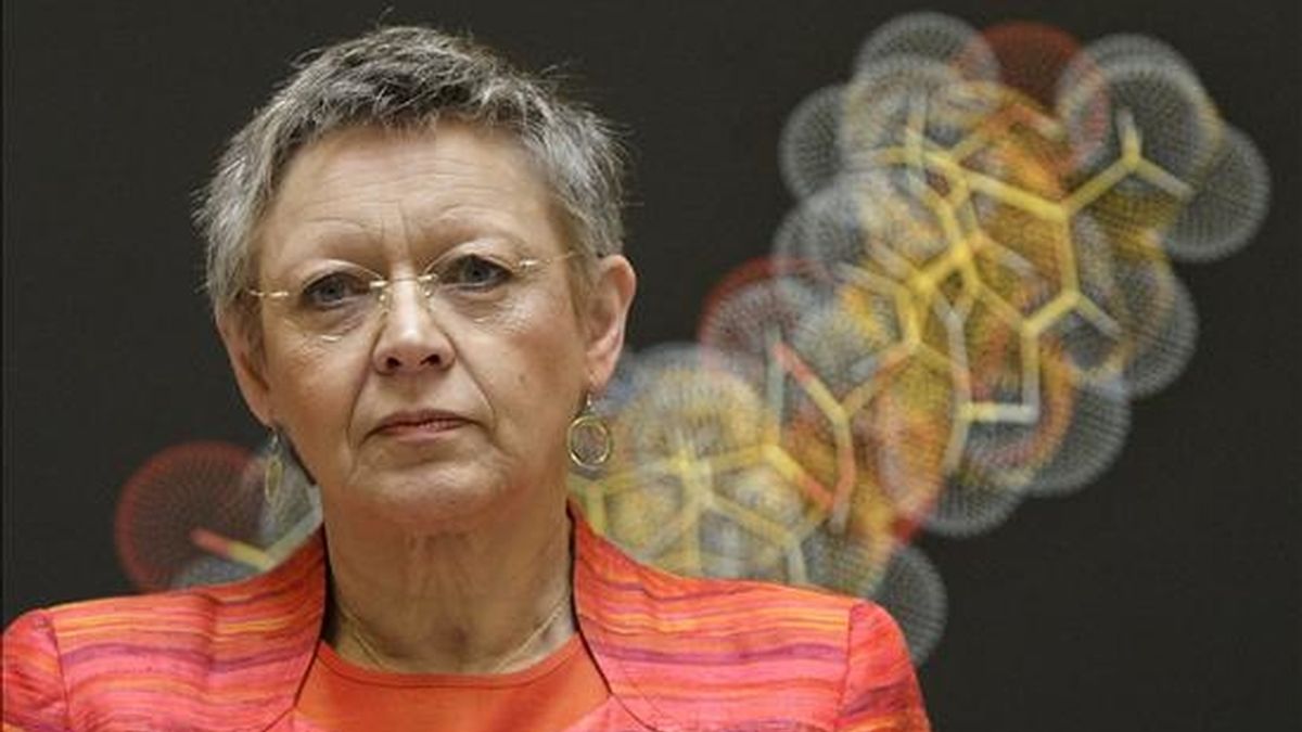 La científica Françoise Barré-Sinoussi, ganadora del premio Nobel de Medicina en 2008 por sus investigaciones sobre el sida, durante la exposición que hizo hoy en Bilbao sobre los últimos avances en investigación médica relacionados con esta enfermedad. EFE