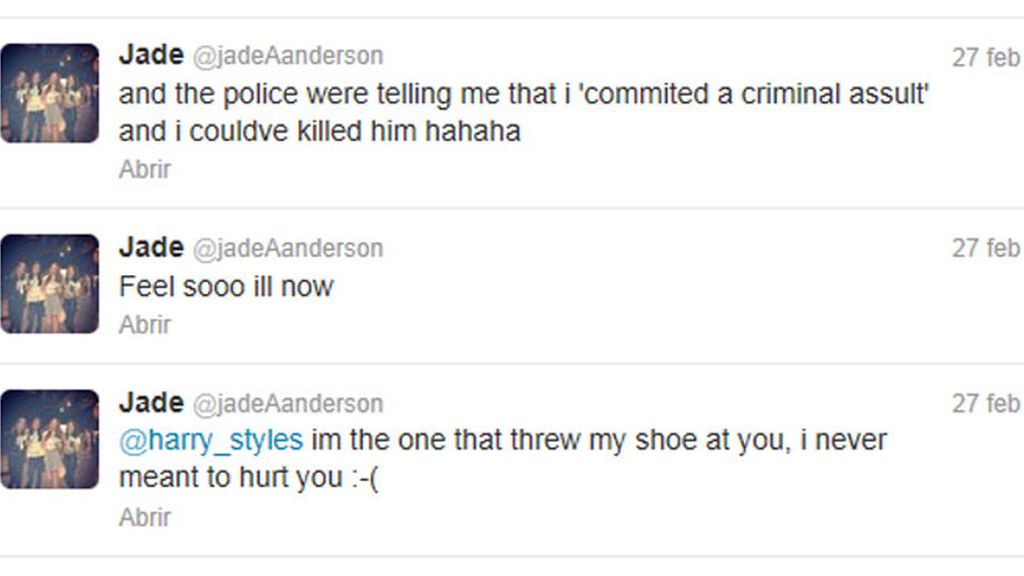 Jade pider perdón a Harry Syles en Twitter