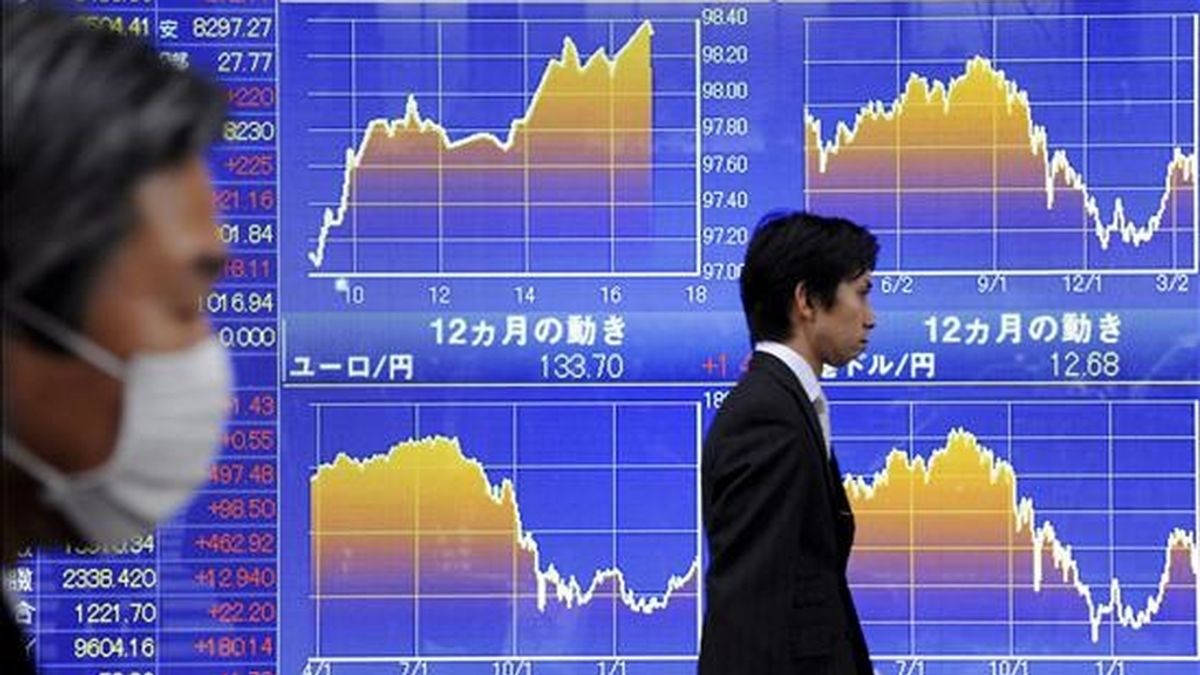 Dos personas pasan por delante de un panel electrónico en el que se muestran los valores de la Bolsa, en Tokio. EFE/Archivo