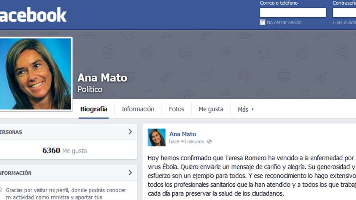 Ana Mato felicita a Teresa Romero a través de Facebook por su recuperación