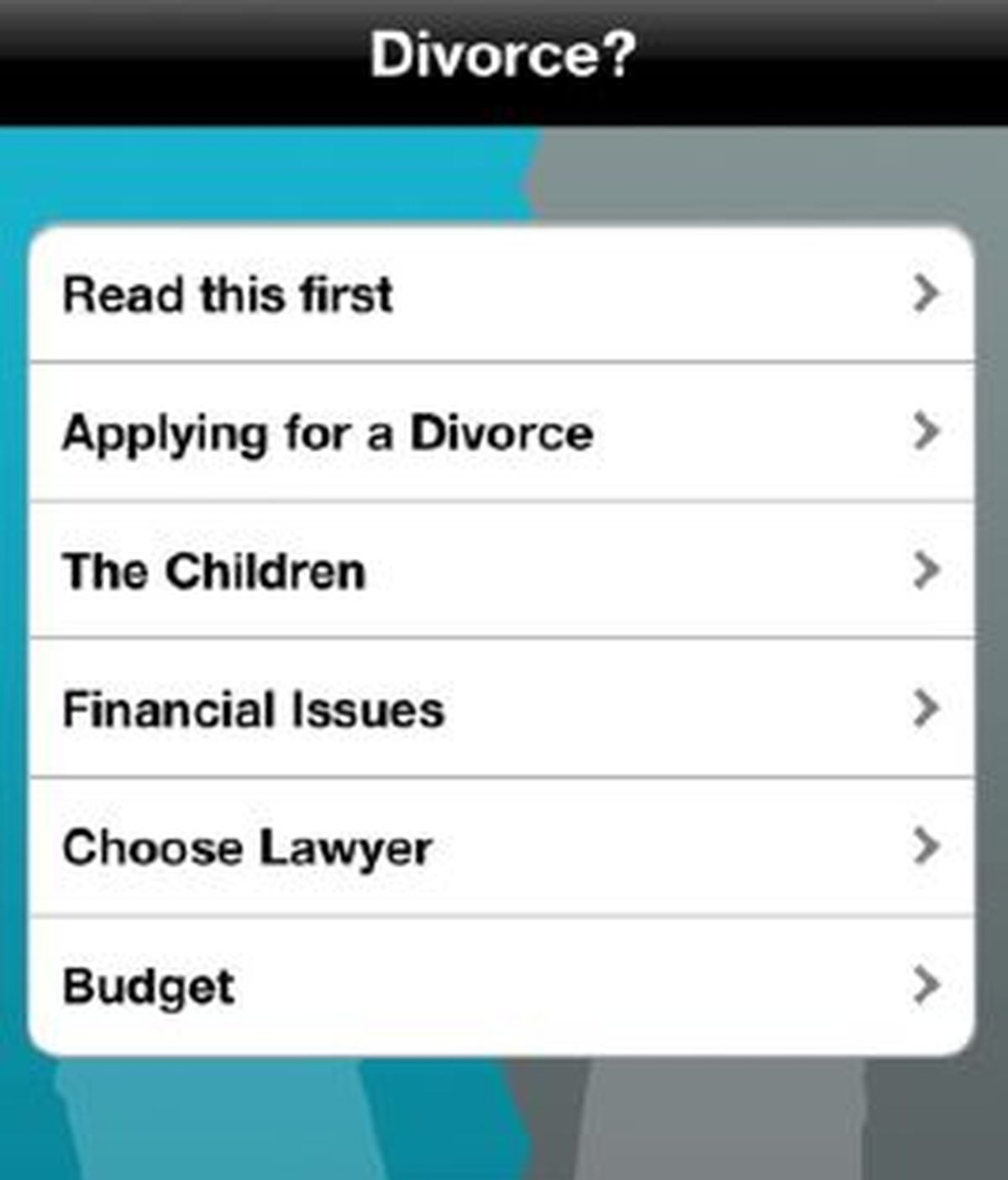 Interfaz de inicio de esta aplicación que se vende como una guía práctica sobre el proceso legal de divocio. Foto iTunes