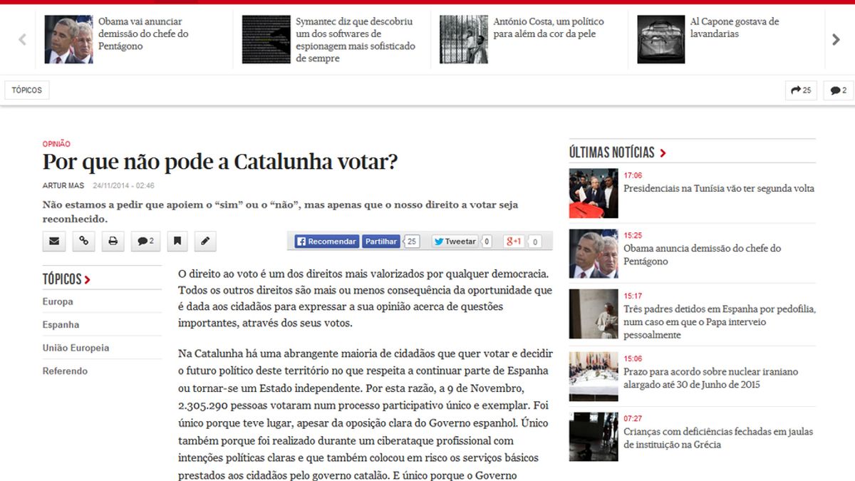 Artículo de opinión de Artur Mas en el diario portugués Opinión