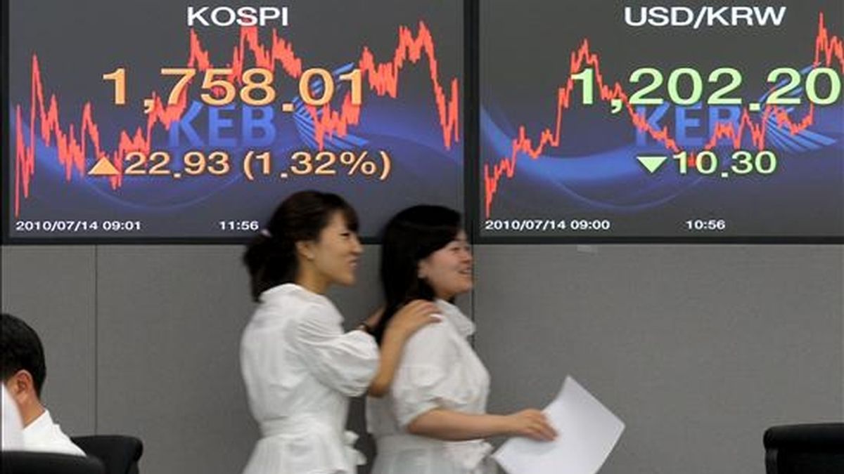 Pantalla que muestra la subida de 22,93 puntos del índice KOSPI ayer, miércoles 14 de julio de 2010 en Seúl (Corea del Sur). EFE